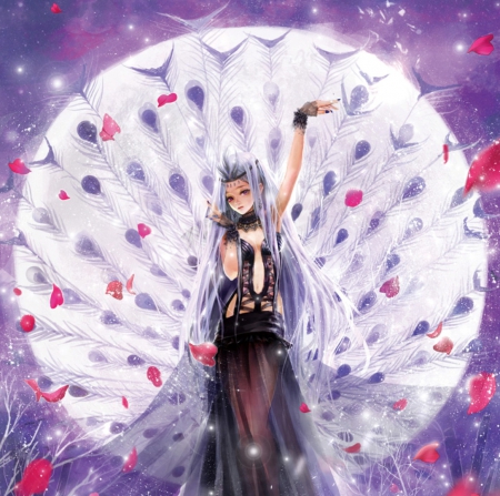 Lady Peacock - anime, elegant, divine, female, maiden, dress, long hair, sublime, gorgeous, gown, anime girl, beautiful, hot, girl, feather, beauty, petals, lady, angelic, cute, sexy