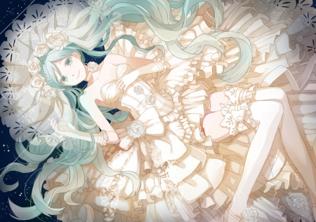 Hatsune Miku - nice, female, hot, anime girl, elegant, laying, gorgeous, pretty, anime, miku, cute, hatsune miku, sexy, lying, girl, long hair, lay, gown, lovely, hatsune, vocaloids, vocaloid, sweet, green hair, dress