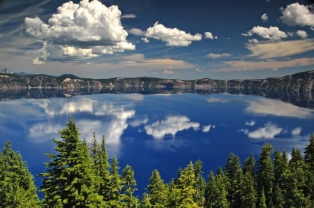 Crater Lake National Park, Oregon - forest, water, oregon, national, blue, lake, sky, crater, reflection, clouds, trees, nature, park