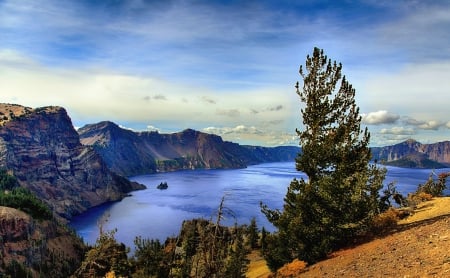 Danger Bay, Crater Lake National Park, Oregon - national, clouds, trees, water, danger, blue, crater, mountain, oregon, nature, lake, sky, park, bay