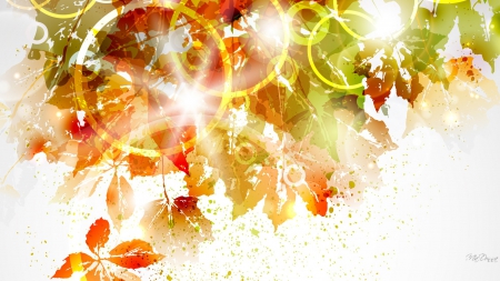 Fall Fantasy Foliage - autumn, sunlight, grreen, light, colorful, circles, gold, bright, abstract, fall, flares, leaves, orange