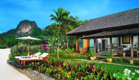 Beautiful Beach Villa - lilies, mansion, beach, island, polynesia, sand, flowers, villa, garden, exotic, plants, paradise, house, luxury, canna, luxurious, islands, tropical