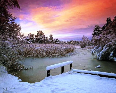 Early Winter Morning - River, Winter, Lake, Frozen, Sunrise, Snow, Dock, Cold, Ice