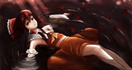 Hakurei Reimu - nice, female, hot, emotional, water, anime girl, gloom, brown hair, laying, touhou, pretty, anime, reimu, cute, sexy, hakurei, gloomy, lying, girl, sad, shrine maiden, long hair, wet, lay, hakurei reimu, lovely, sorrow, sweet, serious