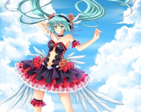 Hatsune Miku - nice, beauty, sky, female, hot, wings, twintail, anime girl, pretty, cloud, anime, miku, twin tail, cute, hatsune miku, sexy, girl, twintails, long hair, gown, lovely, hatsune, vocaloids, green eyes, twin tails, vocaloid, wing, beautiful, sweet, dress