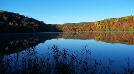 Green Lake State Park, New York - lake, sky, autumn, trees, state, water, park, nature, newyork, forest, reflection, green, shadow