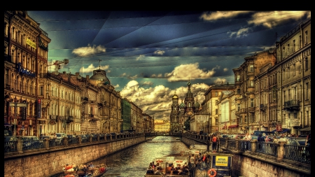 griboyedov canal in st. petersburg russia hdr - chuech, clouds, city, canal, boats, hdr