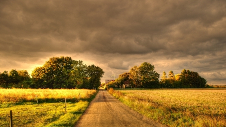 wonderful country road - fields, village, trees, clouds, hdr, road, towm