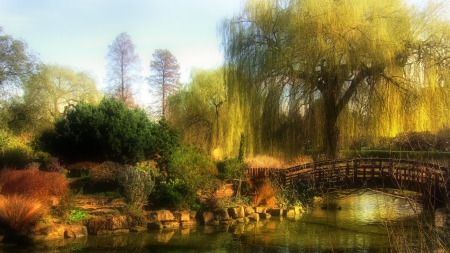 beautiful park scene - willows, bridge, bushes, river