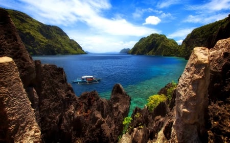 Rest in Phillippines - summer, rocks, clear, walk, boat, cliffs, beautiful, rest, ocean, place, nature, crystal, water, bay, stones, sky, lagoon, nice, lovely, phillippines, sea, calm, tranquil