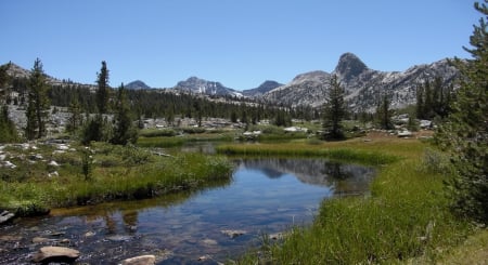 Kings Canyon National Park, California - california, mountains, water, canyon, grass, national, blue, sky, land, river, kings, trees, nature, park