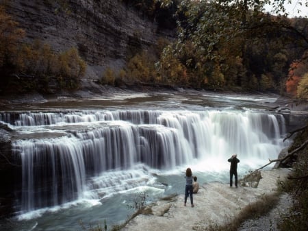 Letchworth State Park, New York - trees, waterfalls, water, people, rock, letchworth, mountain, white, nature, flowing, newyork, state, park