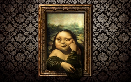 Mona Lisa - Leonardo da Vinci, oil painting, picture frame, Mona Lisa, funny, painting, woman, art, wall, wallpaper