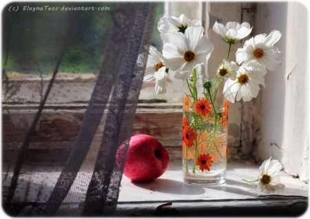 Still Life - flowers, apple, still life, nature