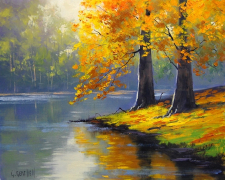 Autumn lakeside - quiet, forest, leaves, calmness, shore, lake, nice, art, falling, beautiful, lakeside, lovely, fall, nature, season, autumn, painting, serenity, foliage