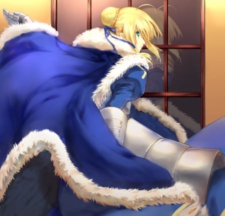 Saber - pretty, saber, anime, female, dress, blonde, blond hair, long hair, armor, blond, hd, nice, gown, anime girl, hot, girl, cape, mantle, blonde hair, lovely, sweet, knight, cute, sexy, fate stay night