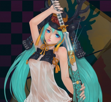 Hatsune Miku - nice, beauty, female, hot, twintail, anime girl, blade, pretty, katana, anime, miku, sword, twin tail, cute, hatsune miku, sexy, helmet, eautiful, girl, twintails, long hair, lovely, hatsune, vocaloids, twin tails, vocaloid, beautiful, weapon, sweet, green hair