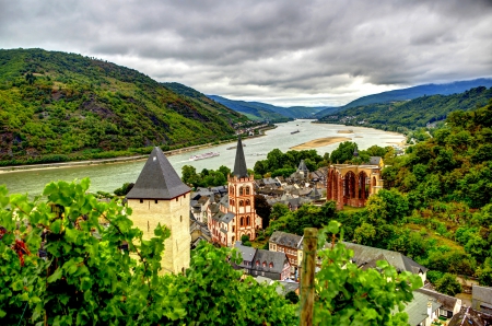 View of BACHARACH,GERMANY - rhine river, town, river, ships, city, bacharach, germany