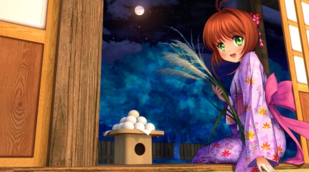 Kinomoto Sakura - nice, female, hot, anime girl, brown hair, card captor, pretty, ccs, anime, card captor sakura, food, kimono, cute, short hair, moon, kinomoto sakura, sexy, girl, night, cardcaptor, lovely, sakura kinomoto, green eyes, kawaii, sakura, cardcaptor sakura, yukata, sweet