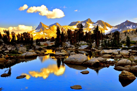 GOLDEN PEAKS - reflections, Mountains, stone, landscape, lakes