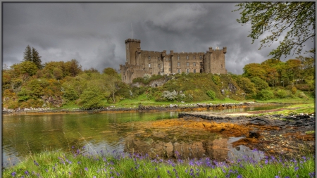 wonderful castle by a river - hill, trees, river, overcast, catle, rocks