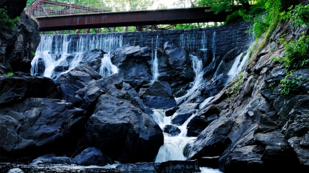 metal bridge above a rocky waterfall - bridge, waterfall, rocks, wall