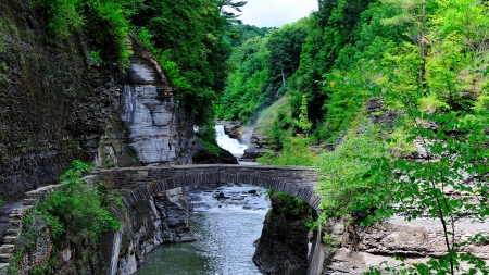 beautiful old stone bridge in a river gorge - river, trees, cliffs, gorge, bridge