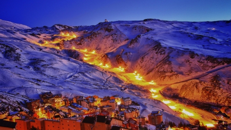 ski resort town of monachil spain at night - town, night, winte, mountains, resort, lights