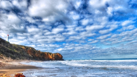 lighthouse on a seacoast under gorgeous sky hdr - clouds, coast, lighthouse, hdr, sea, sky