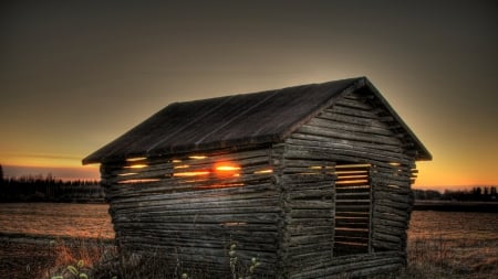 wonderful sunset through a wooden hut hdr - wooden, sunset, fields, hdr, hut