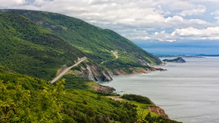 gorgeous coastal highway - clouds, highway, forests, coast, sea, mountains