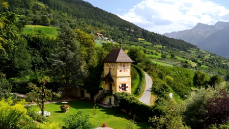 wonderful bavarian house in the mountains - house, trees, fields, mountains, sprinklers