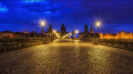 superb charles bridge in prague at night - lights, cobblestones, city, night, statues, bridge