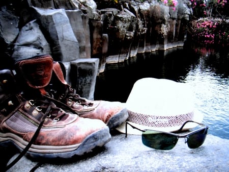 by the water - hat, shoes, sun glasses, water, lake