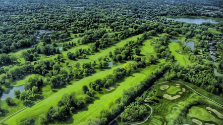 lovely green golf course - trees, town, grass, golf, course