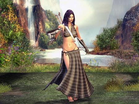 Warrior - warrior, lady, fantasy, bow and arrows, abstract