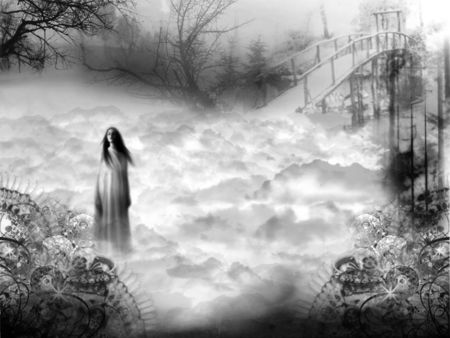 Death in the Clouds - clouds, trees, designs, fog, woman, bridge