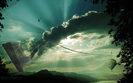 The Rainbow Bridge - sky, clouds, trees, hot air balloon, sunshine