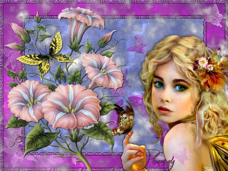 Fairy Child - butterfly, art, fairy, flowers, child, frame