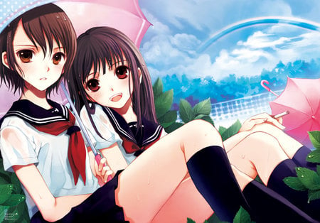 Resting after a long day of school - anime, school uniform, rainbow, school girl