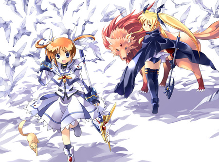 Nanoha and Fate - nanoha, fate, magical girl lyrical nanoha, weapon, anime