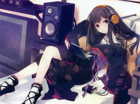 Listening to Music - bed, headphones, anime, kimono, anime girl