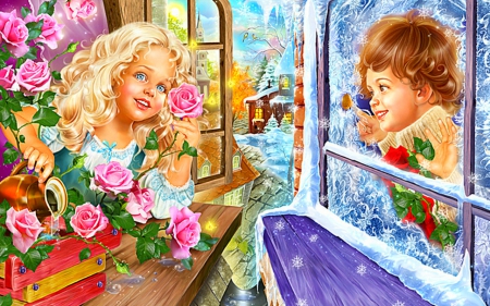 Winter day - winter, flowers, girl, boy, snow, art