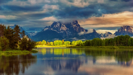 Simply Beautiful - clouds, trees, water, beautiful, splendor, landscape, beauty, reflection, tree, nature, lake, mountains, peaceful, sky