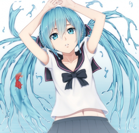 Bottle Miku - goldfish, anime, vocaloid, twin tail, female, bottle miku, twintail, long hair, ribbon, twin tails, anime girl, bottle, water, twintails, hot, girl, miku, cute, aqua hair, hatsune, sexy, fish, vocaloids