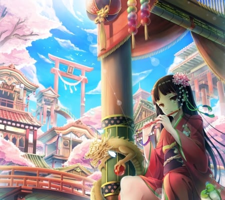 Shrine - flute, beauty, sky, female, hot, anime girl, black hair, home, cloud, anime, house, kimono, scene, sexy, building, scenic, girl, long hair, cue, floral, beautiful, shrine, scenery, yukata, flower