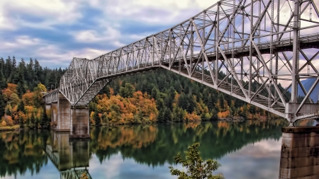 beautiful metal bridge hdr - autumn, reflection, forest, river, hdr, bridge