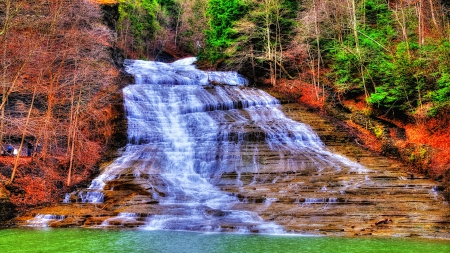 fantastic cascading waterfalls hdr - forest, cliff, cascade, hdr, pool, waterfall