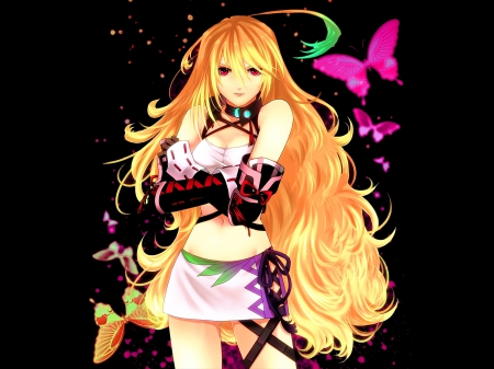 Milla Maxwell - beauty, female, hot, blond, video game, anime girl, black, rpg, tales of xillia, blond hair, blonde hair, sinister, dark, game, anime, cute, maiden, lady, sexy, girl, long hair, milla maxwell, milla, hd, abstract, butterfly, beautiful, serious, blonde