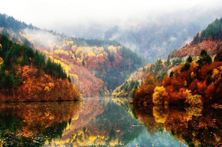 Glass Lake - Mountains, Autumn, Water, Colors, Fall, Mist, Lake, Sky